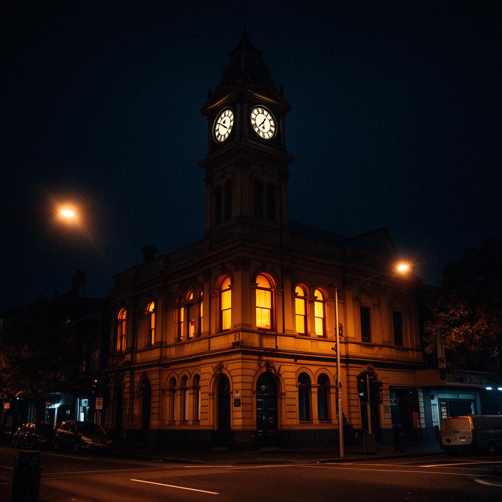 The heritage Clocktower building on Lygon Street, Carlton at night